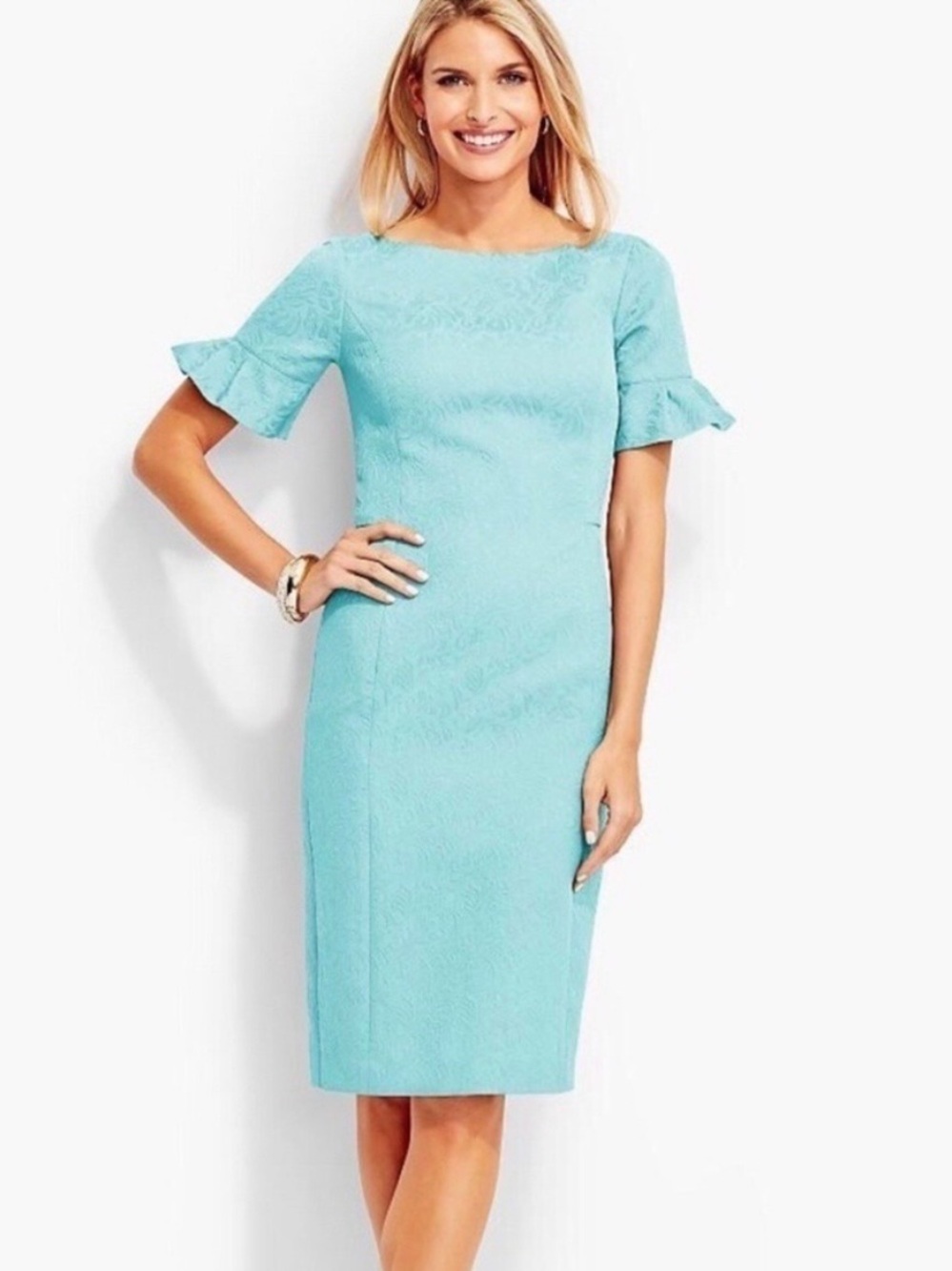 TALBOTS Short Pleated Sleeve Jacquard Brocade Aqua Blue Sheath Dress Women's 6